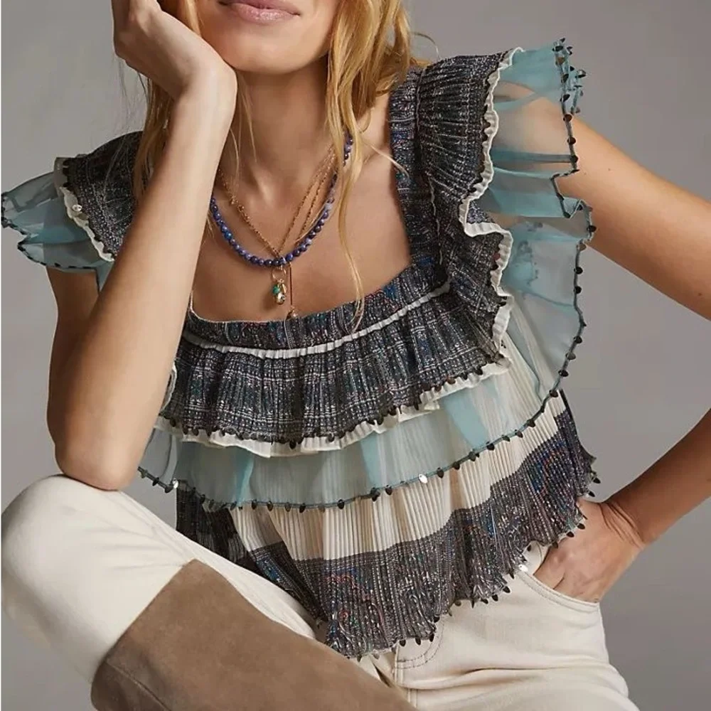 Anthropologie Let Me Be Camilla Blue Cream Ruffled Blouse - Picture 2 of 9